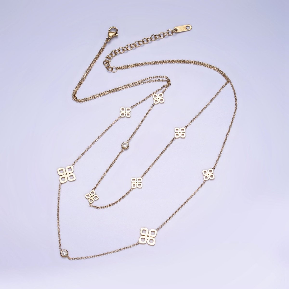 Stainless Steel Open Multiple Quatrefoil Double Clear CZ Cable Double Layer Chain Stack Necklace | WA-2069 Clearance Pricing