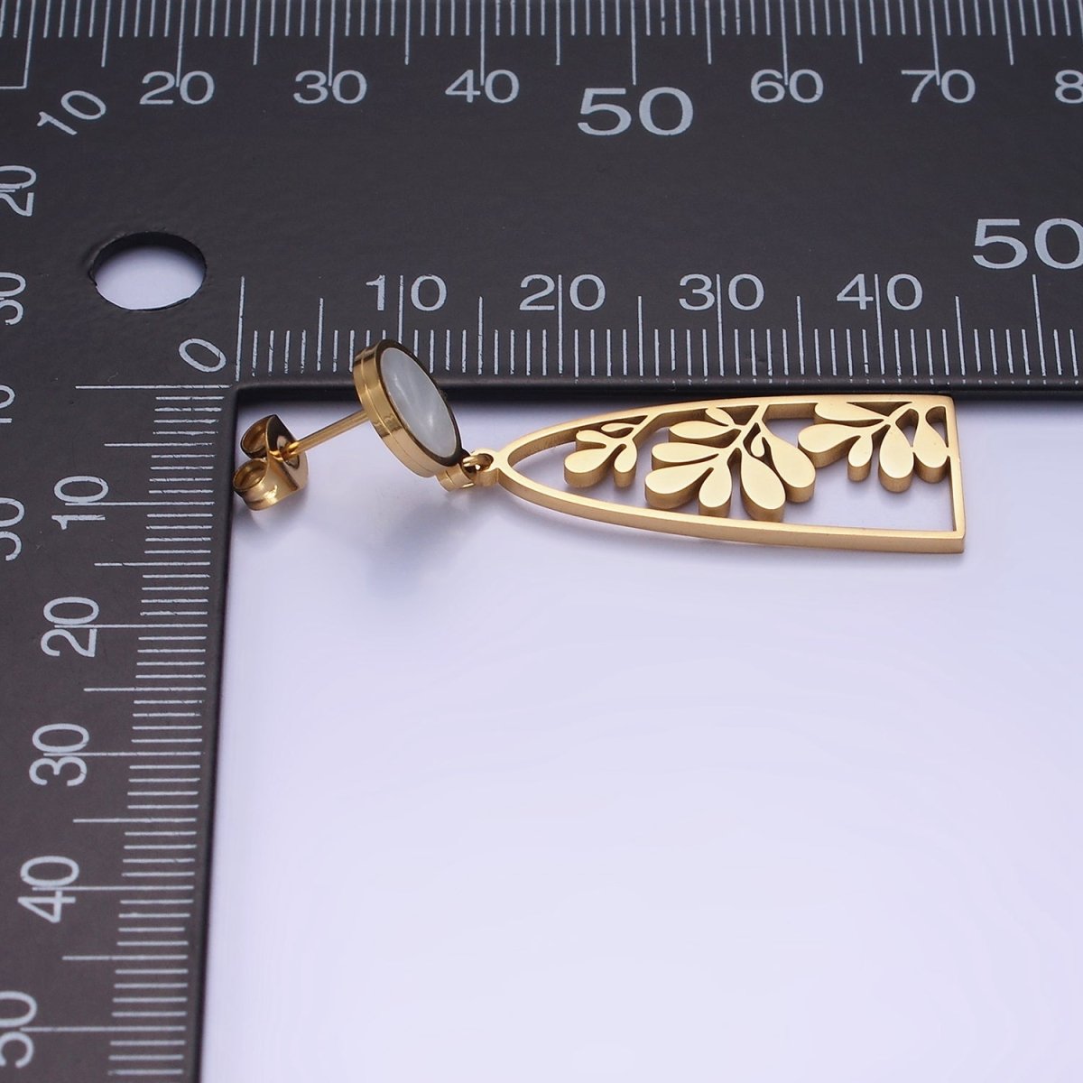 Stainless Steel Open Nature Compound Leaf Shell Pearl Oval Stud Drop Earrings Set | AE461