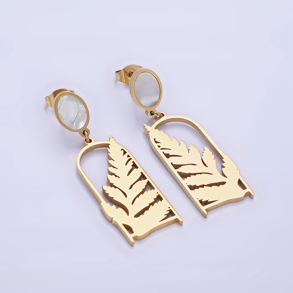 Stainless Steel Open Nature Leaf Shell Pearl Oval Stud Drop Earring Set | AE462