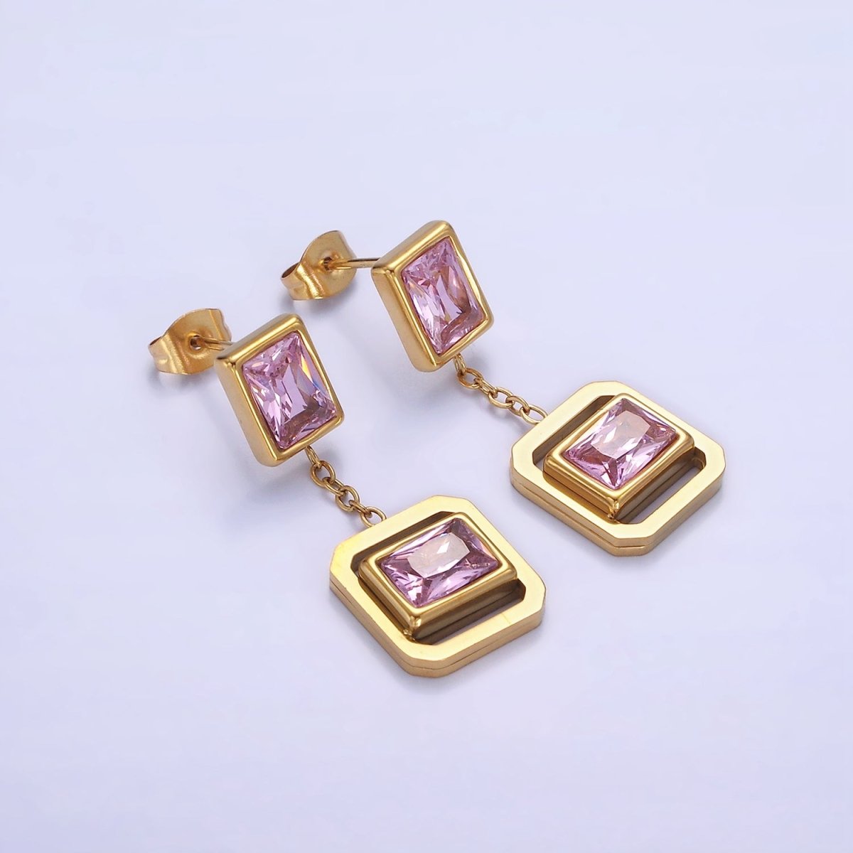 Stainless Steel Pink CZ Baguette Open Edged Square Bezel Drop Stud Earrings | AE453