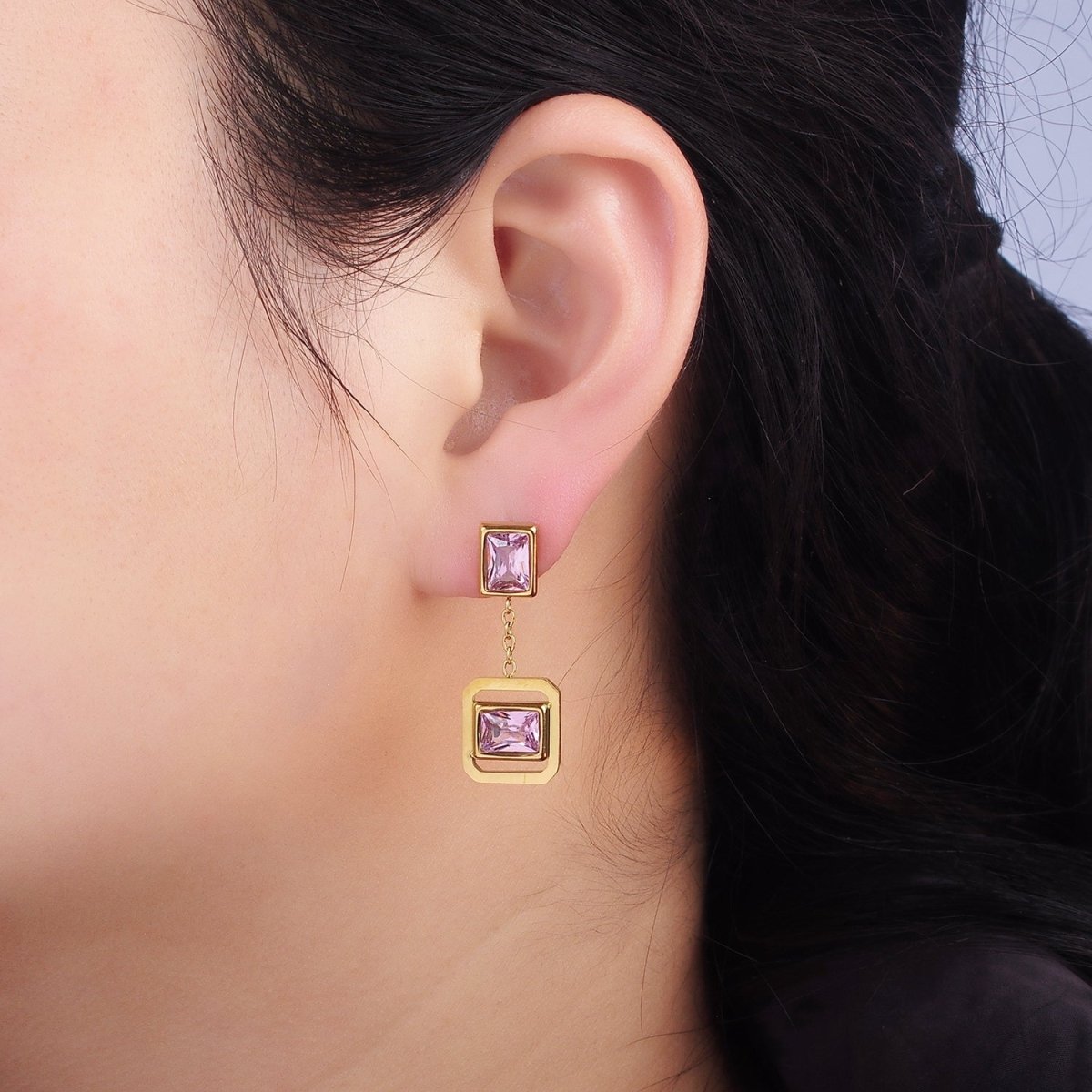 Stainless Steel Pink CZ Baguette Open Edged Square Bezel Drop Stud Earrings | AE453