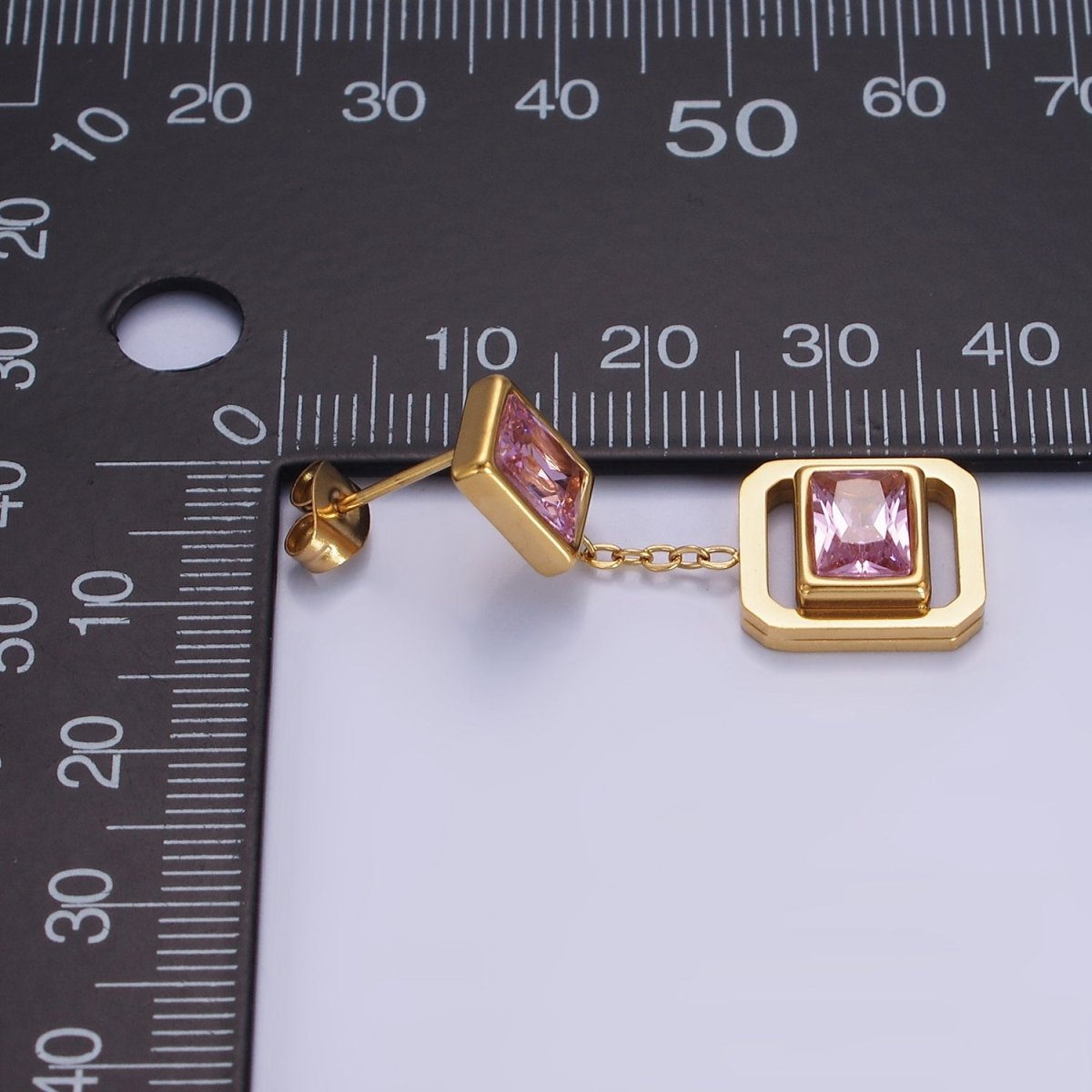 Stainless Steel Pink CZ Baguette Open Edged Square Bezel Drop Stud Earrings | AE453