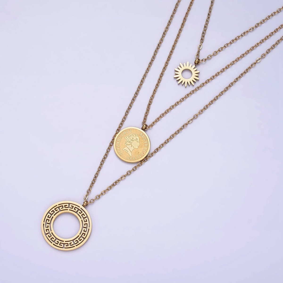 Stainless Steel Queen Elizabeth Triple Round Sun Artisan Coin Triple Layer Chain Stack Necklace | WA-2050 Clearance Pricing