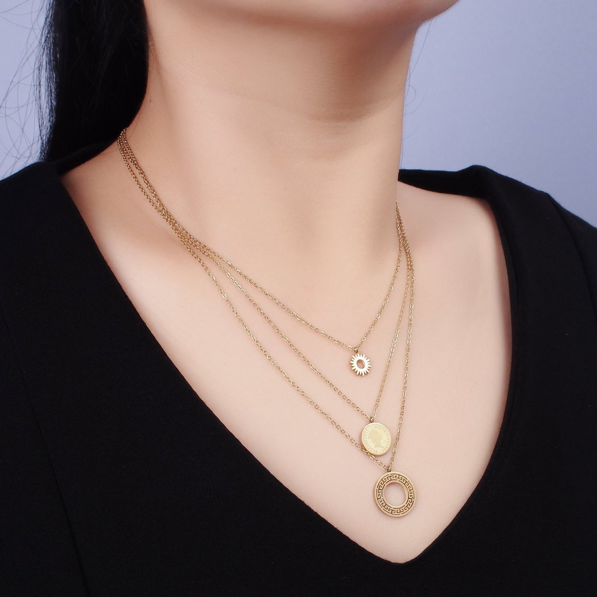 Stainless Steel Queen Elizabeth Triple Round Sun Artisan Coin Triple Layer Chain Stack Necklace | WA-2050 Clearance Pricing