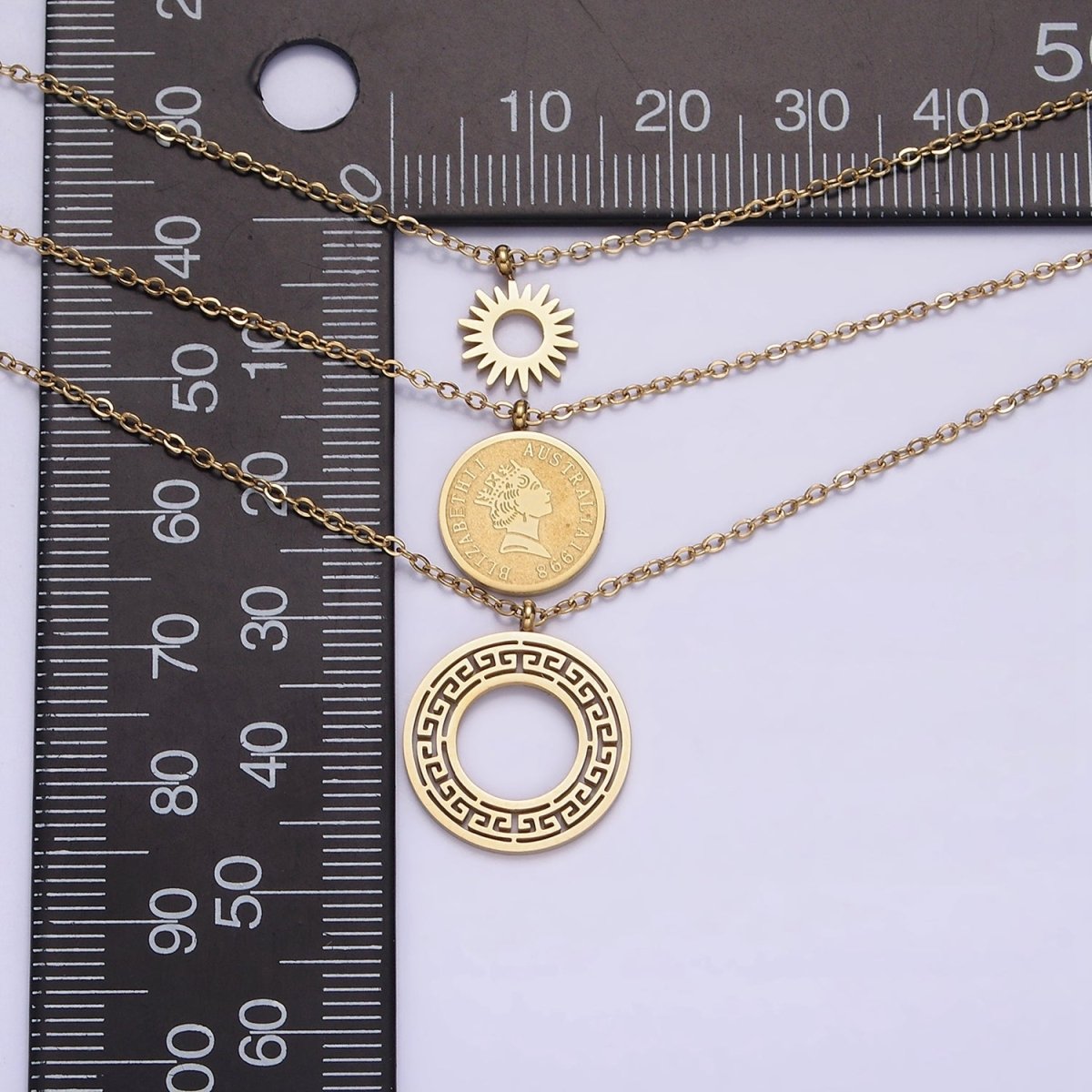 Stainless Steel Queen Elizabeth Triple Round Sun Artisan Coin Triple Layer Chain Stack Necklace | WA-2050 Clearance Pricing