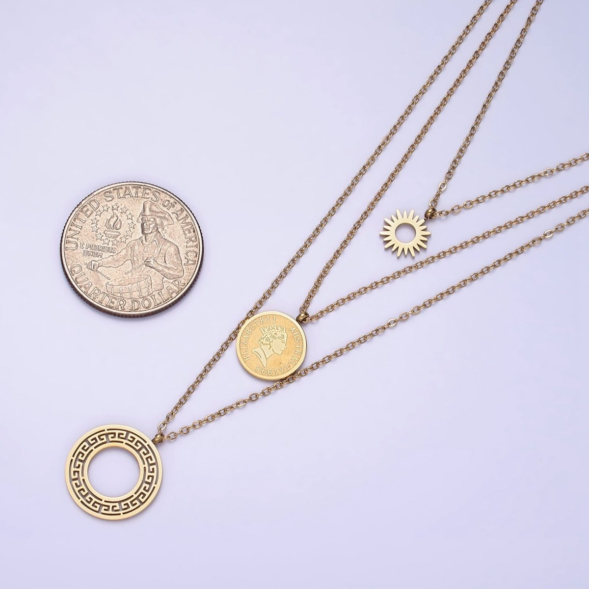 Stainless Steel Queen Elizabeth Triple Round Sun Artisan Coin Triple Layer Chain Stack Necklace | WA-2050 Clearance Pricing