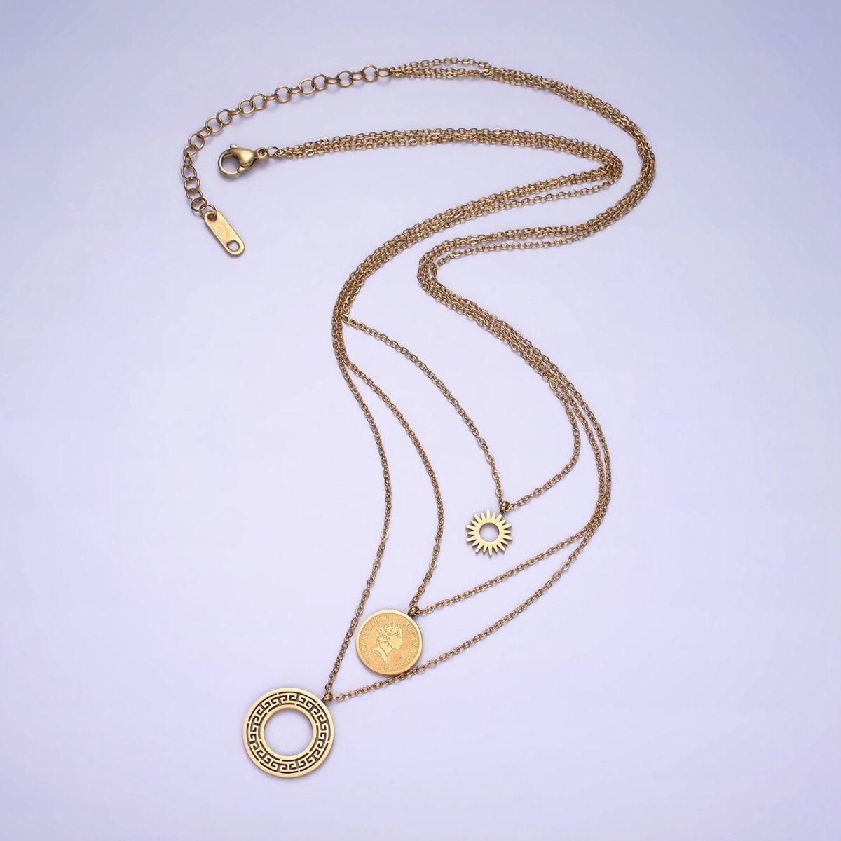Stainless Steel Queen Elizabeth Triple Round Sun Artisan Coin Triple Layer Chain Stack Necklace | WA-2050 Clearance Pricing