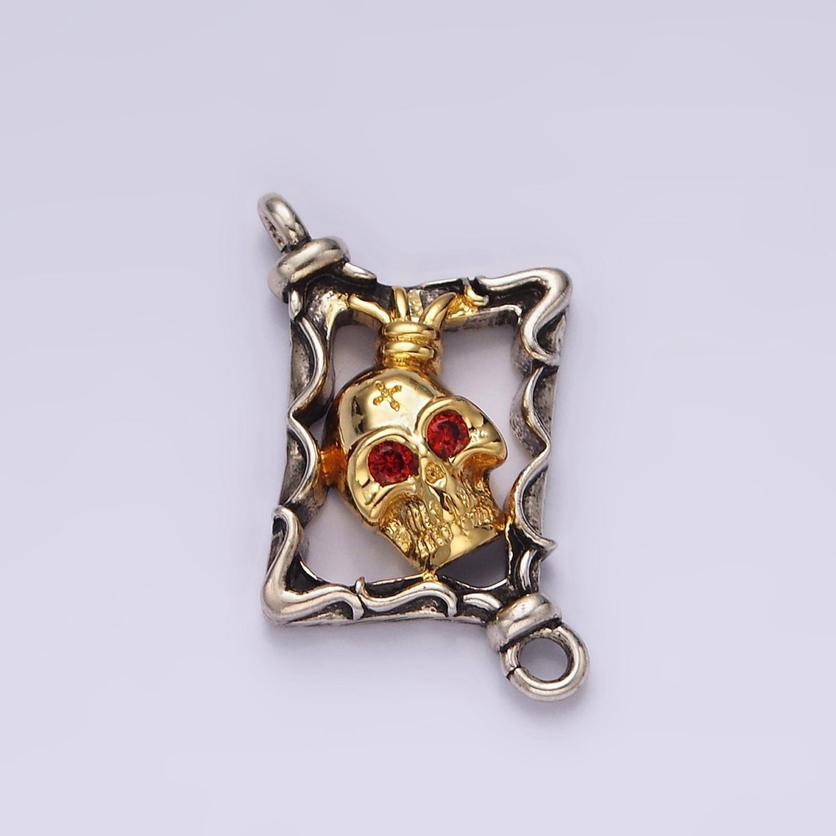 Stainless Steel Red CZ Skull Skeleton Open Abstract Rhombus Mixed Metal Connector | P-673