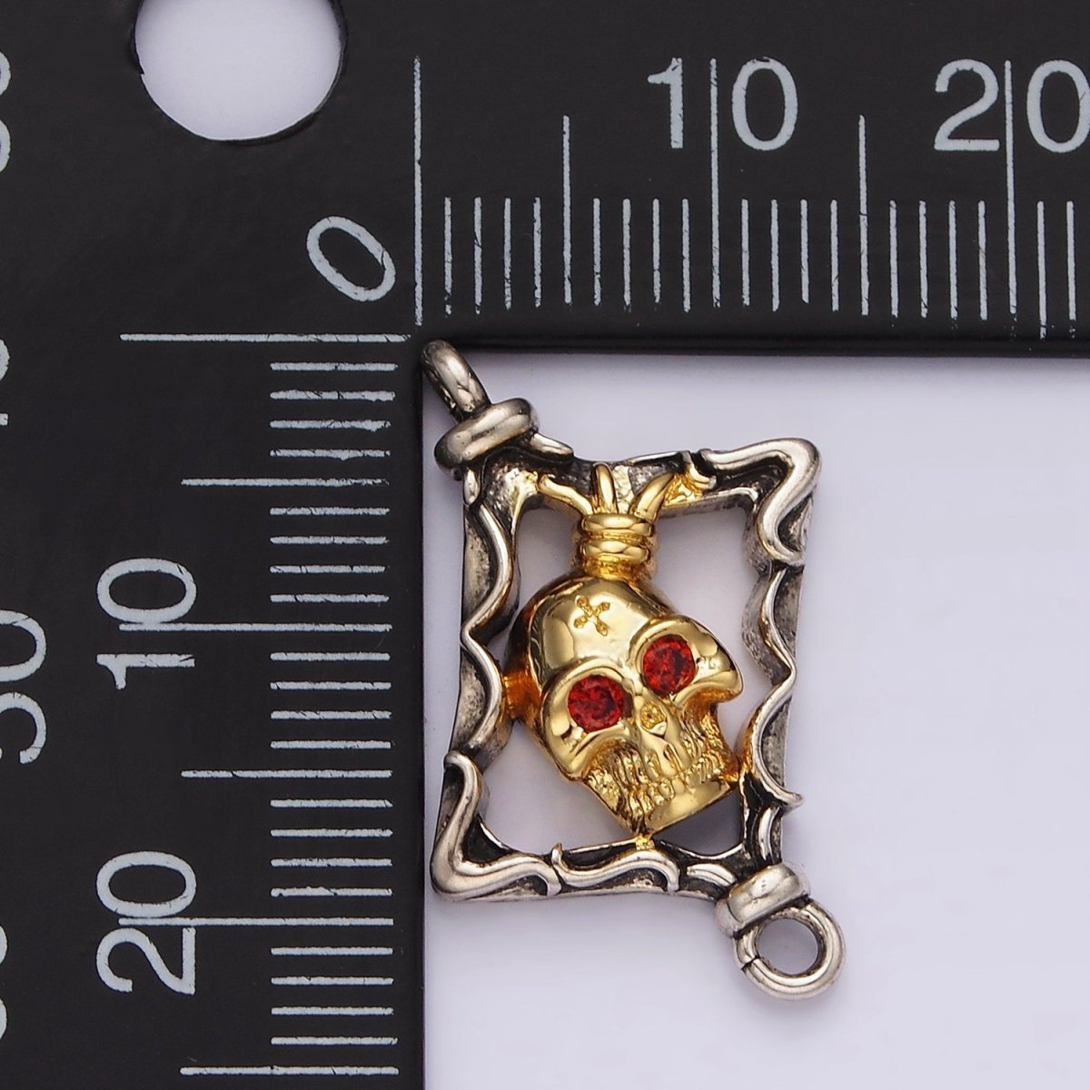 Stainless Steel Red CZ Skull Skeleton Open Abstract Rhombus Mixed Metal Connector | P-673