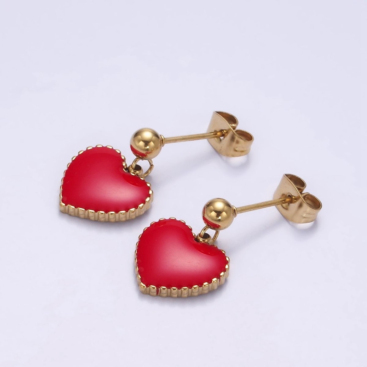 Stainless Steel Red Heart Enamel Bead Drop Stud Earrings | AE744