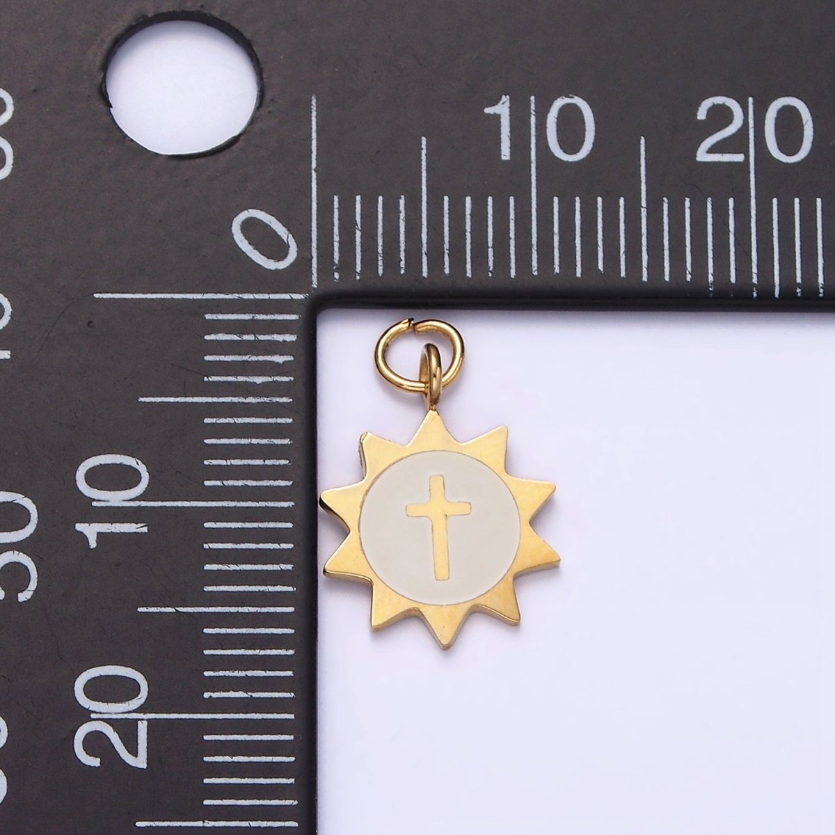 Stainless Steel Religious Cross White Celestial Sun Charm | P1357