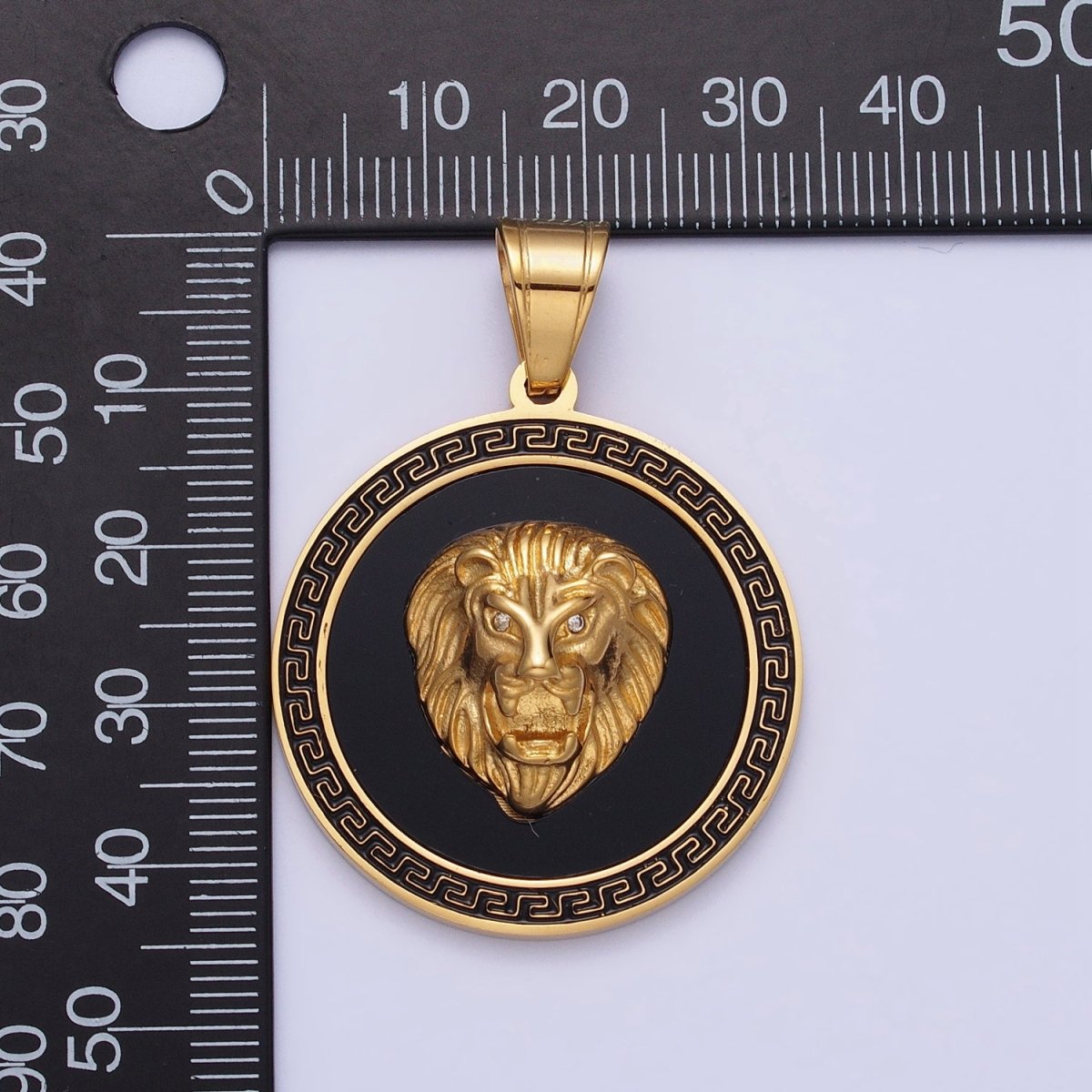 Stainless Steel Roaring Lion Animal CZ Black Gold Medallion Round Pendant J-784