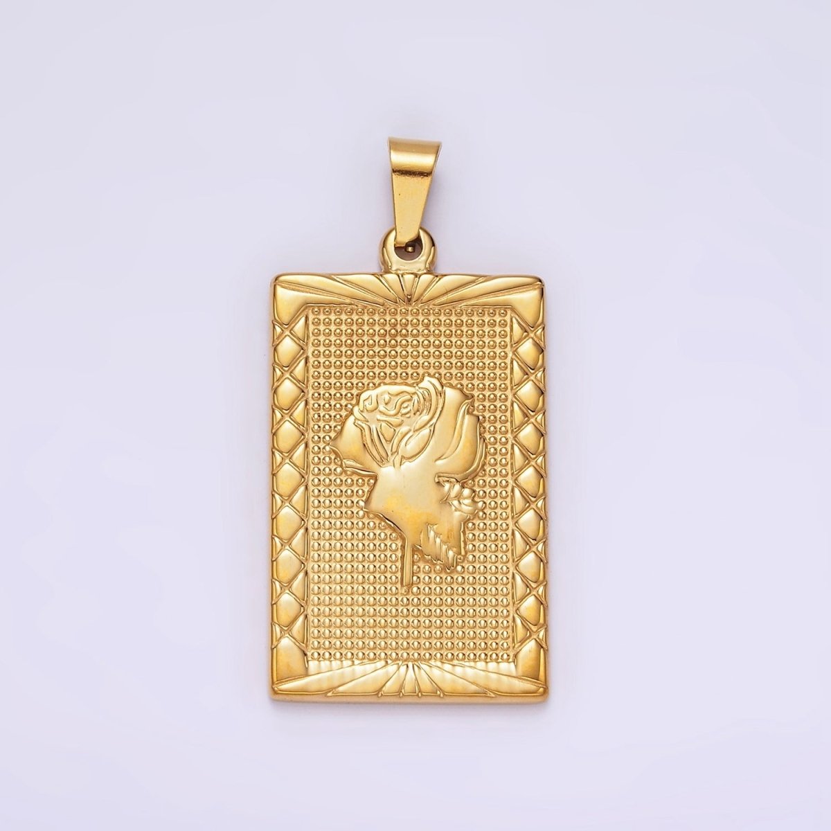 Stainless Steel Rose Flower Line-Textured Rectangular Tag Pendant in Gold & Silver | P1050 P1051