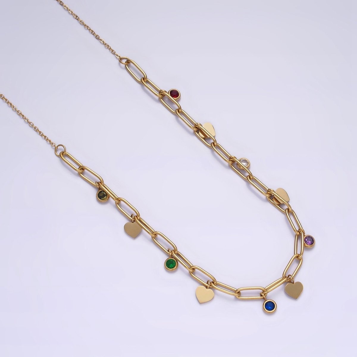 Stainless Steel Round Multicolor CZ Disc Heart Half Paperclip Cable 17 Inch Chain Necklace | WA-2064 Clearance Pricing