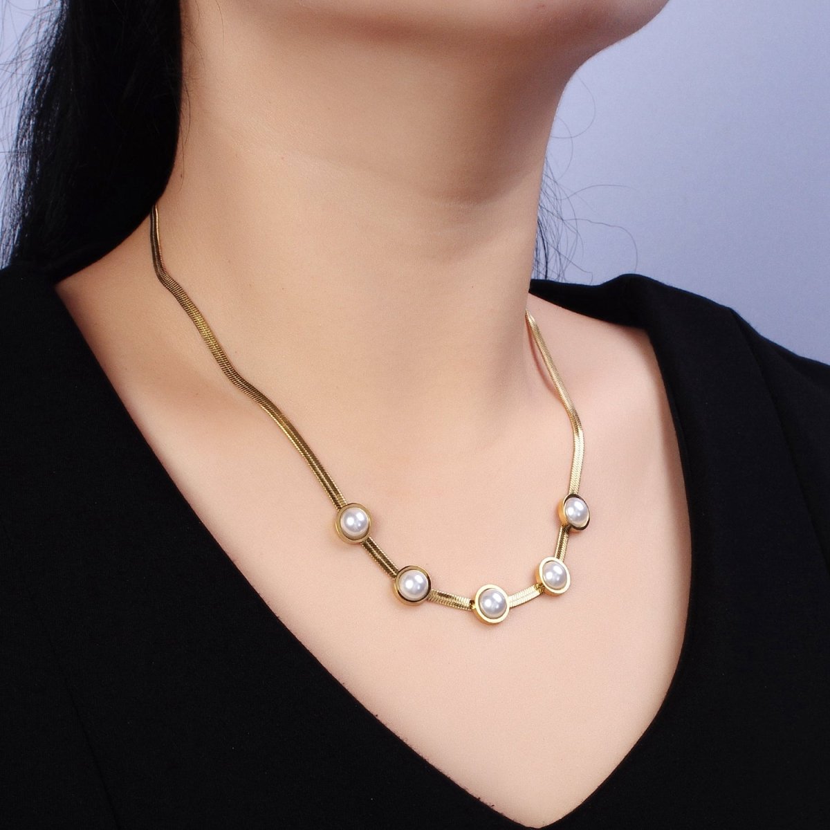 Stainless Steel Rounded Pearl 3mm Herringbone Snake 16 Inch Choker Geometric Chain Necklace | WA-1630 Clearance Pricing