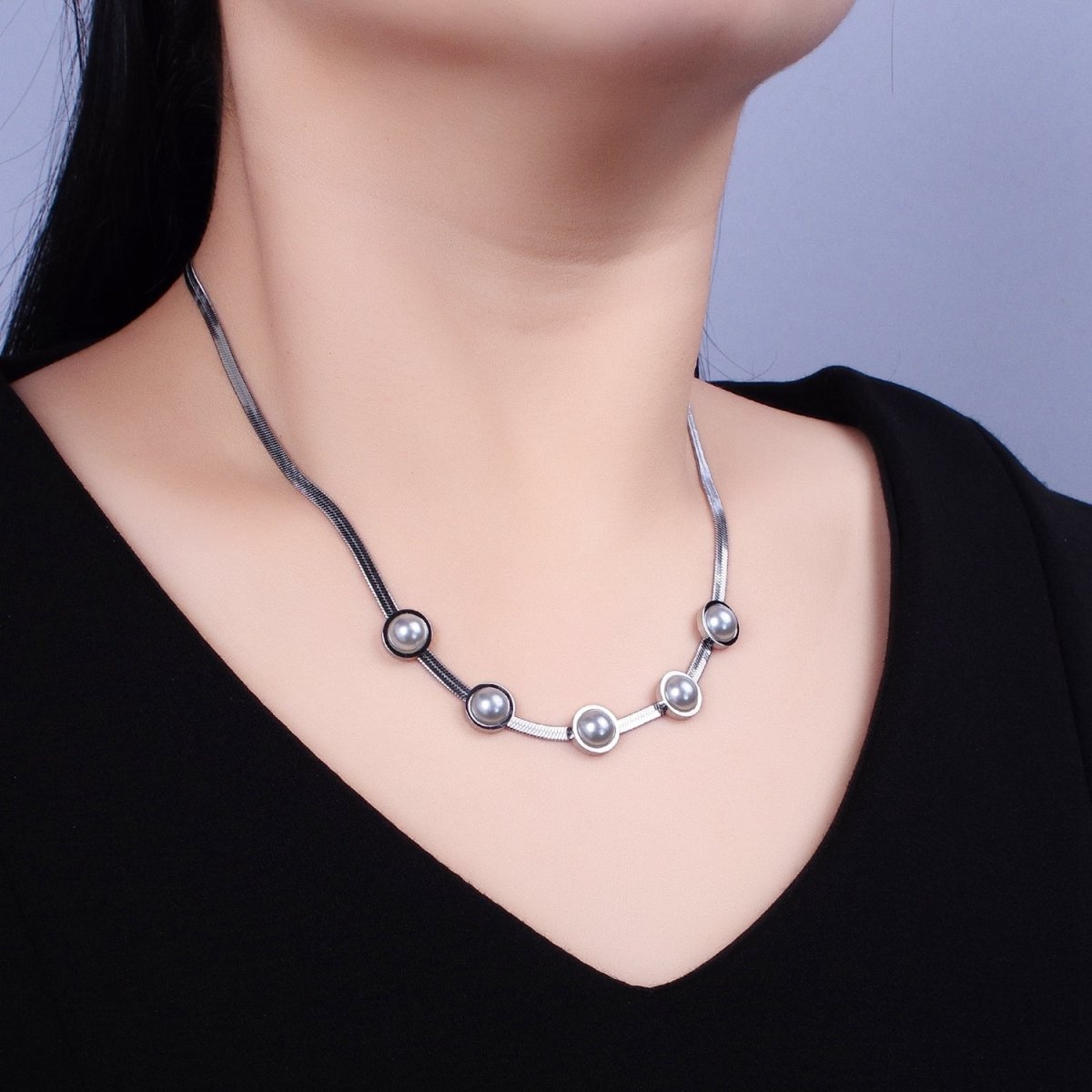 Stainless Steel Rounded Pearl 3mm Herringbone Snake 16 Inch Choker Geometric Chain Necklace | WA-1714 Clearance Pricing