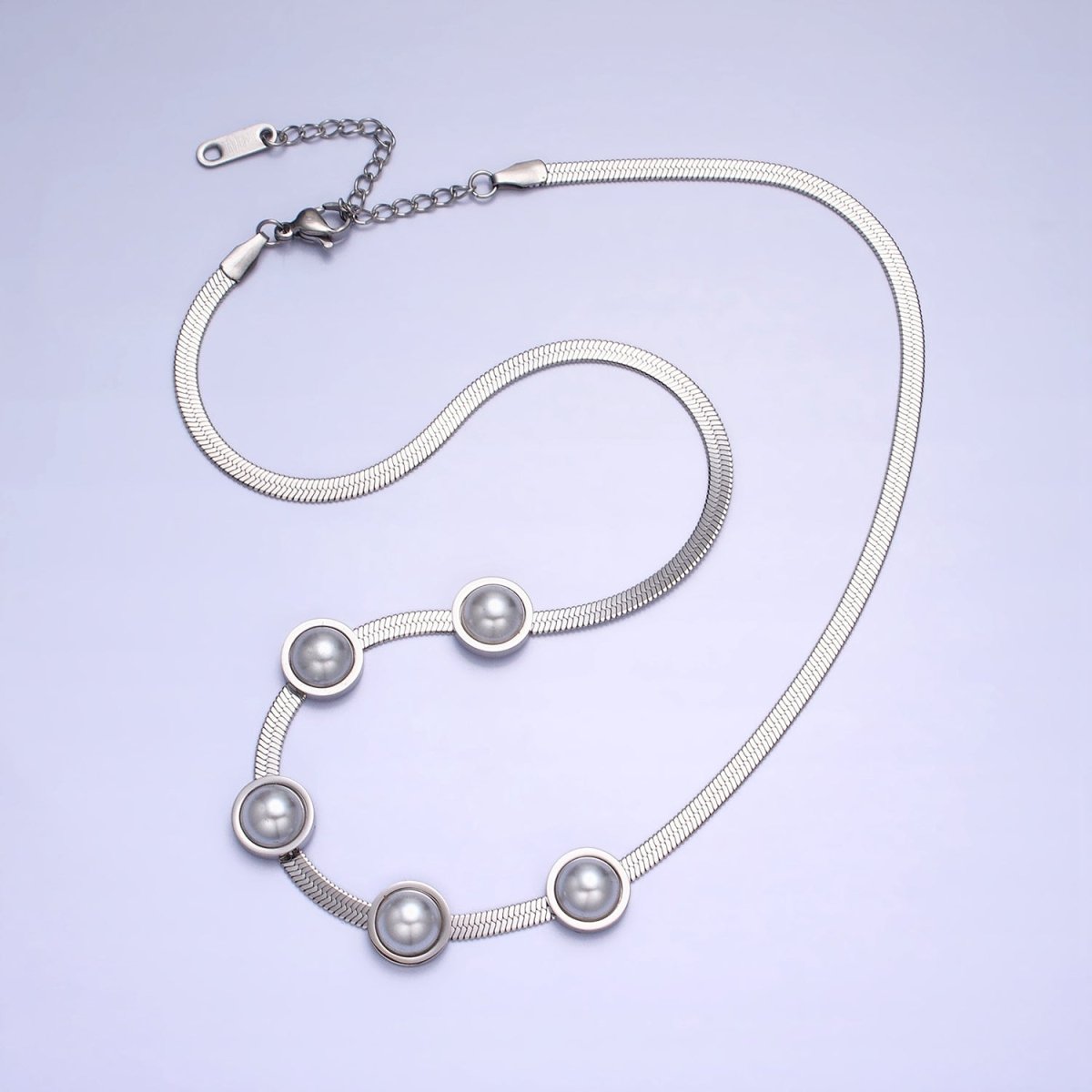 Stainless Steel Rounded Pearl 3mm Herringbone Snake 16 Inch Choker Geometric Chain Necklace | WA-1714 Clearance Pricing