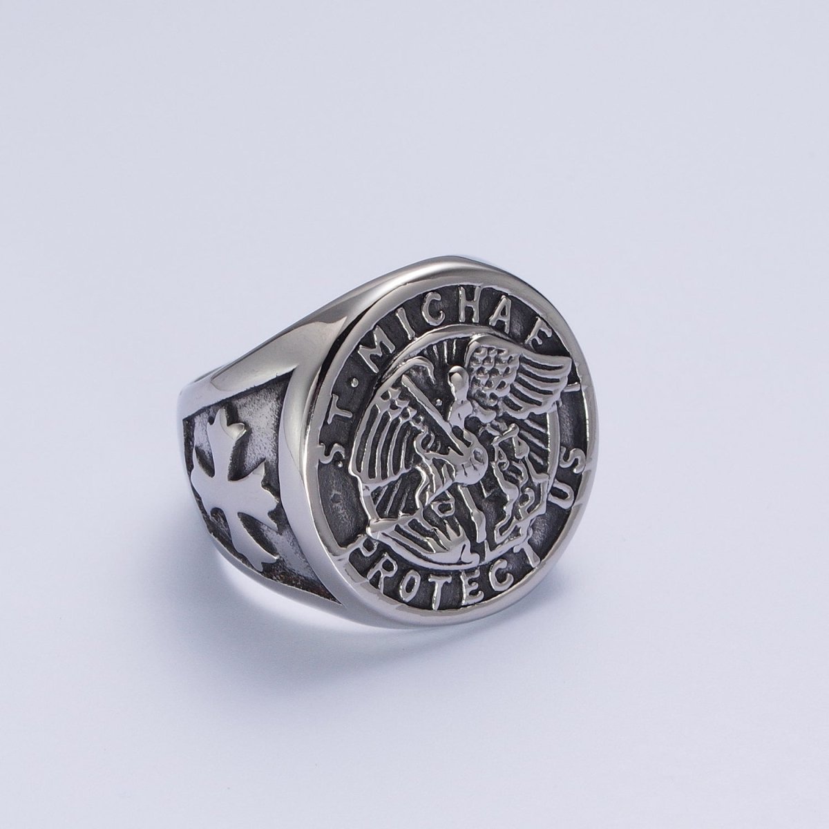 Stainless Steel Saint St. Michael "Protect Us" Religious Silver & Mixed Metal Ring S-325 S-331 U-540 U-539