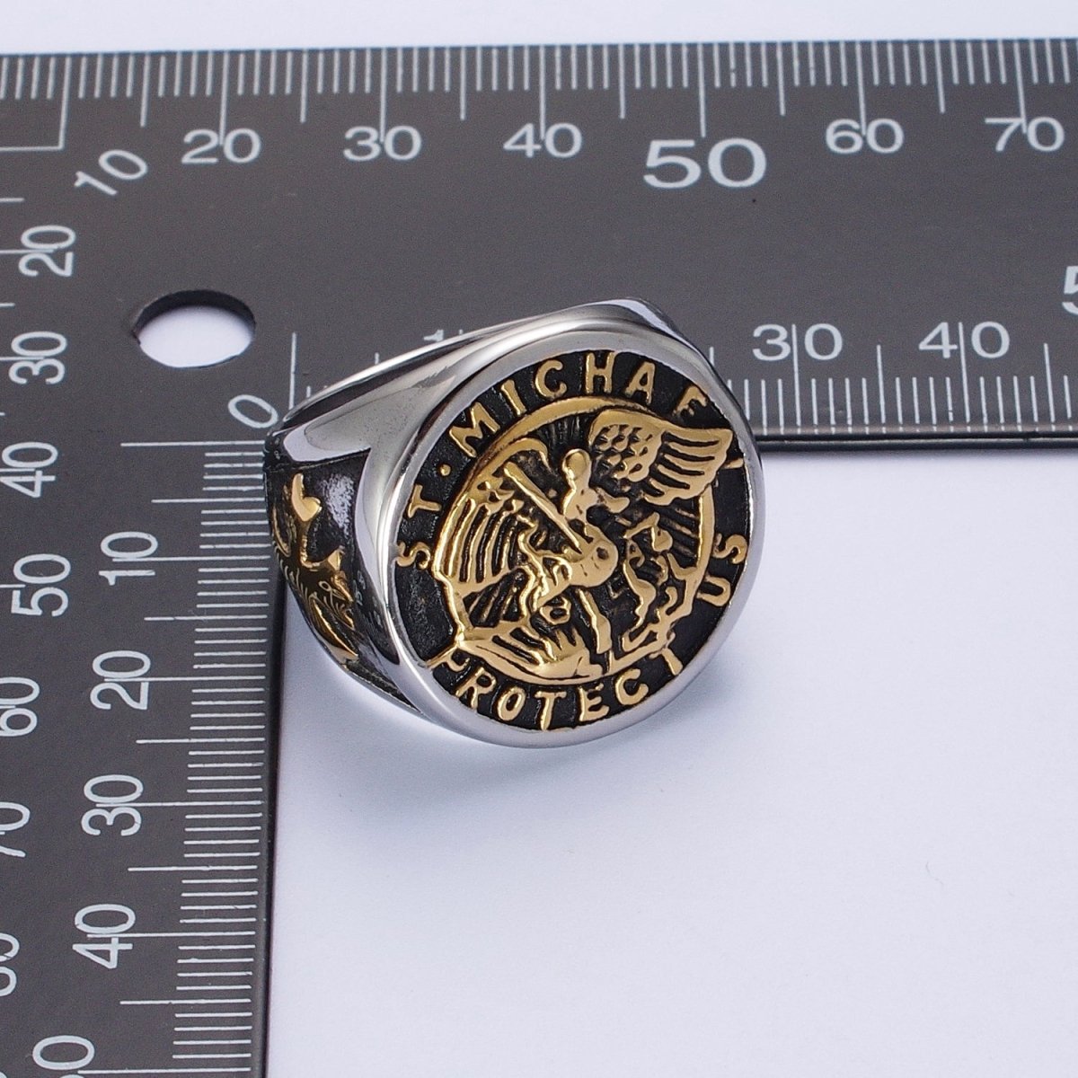 Stainless Steel Saint St. Michael "Protect Us" Religious Silver & Mixed Metal Ring S-325 S-331 U-540 U-539