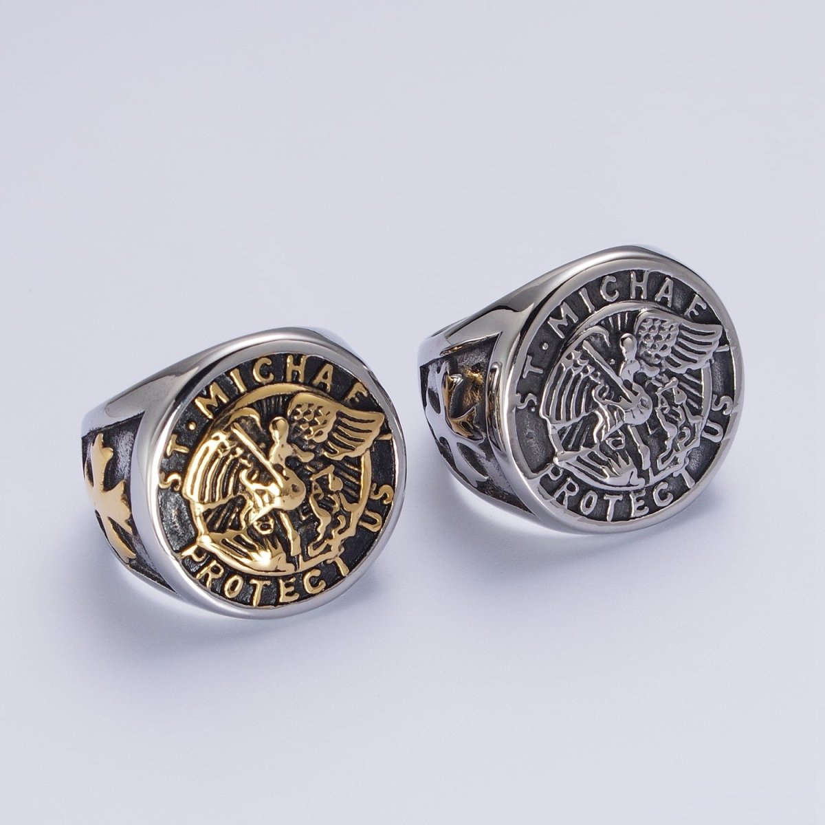 Stainless Steel Saint St. Michael "Protect Us" Religious Silver & Mixed Metal Ring S-325 S-331 U-540 U-539