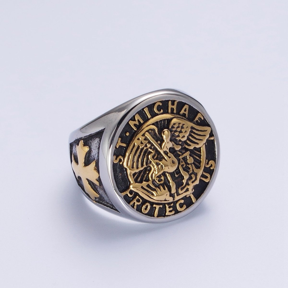 Stainless Steel Saint St. Michael "Protect Us" Religious Silver & Mixed Metal Ring S-325 S-331 U-540 U-539