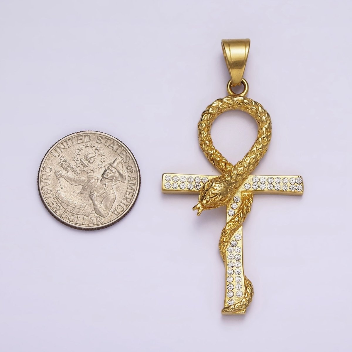 Stainless Steel Scaled Snake Serpent Ankh Egyptian Clear Micro Paved CZ Cross Pendant J-765