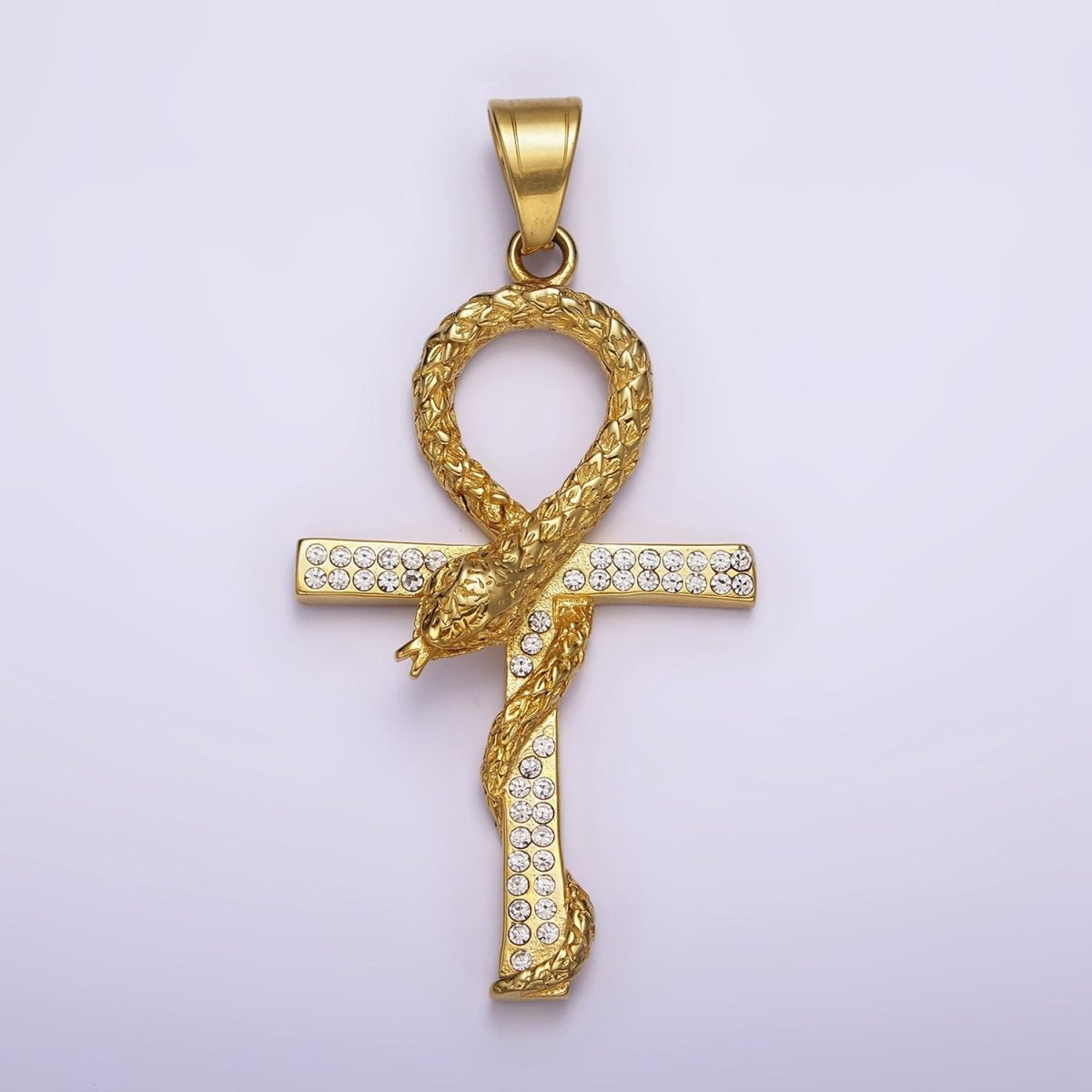 Stainless Steel Scaled Snake Serpent Ankh Egyptian Clear Micro Paved CZ Cross Pendant J-765