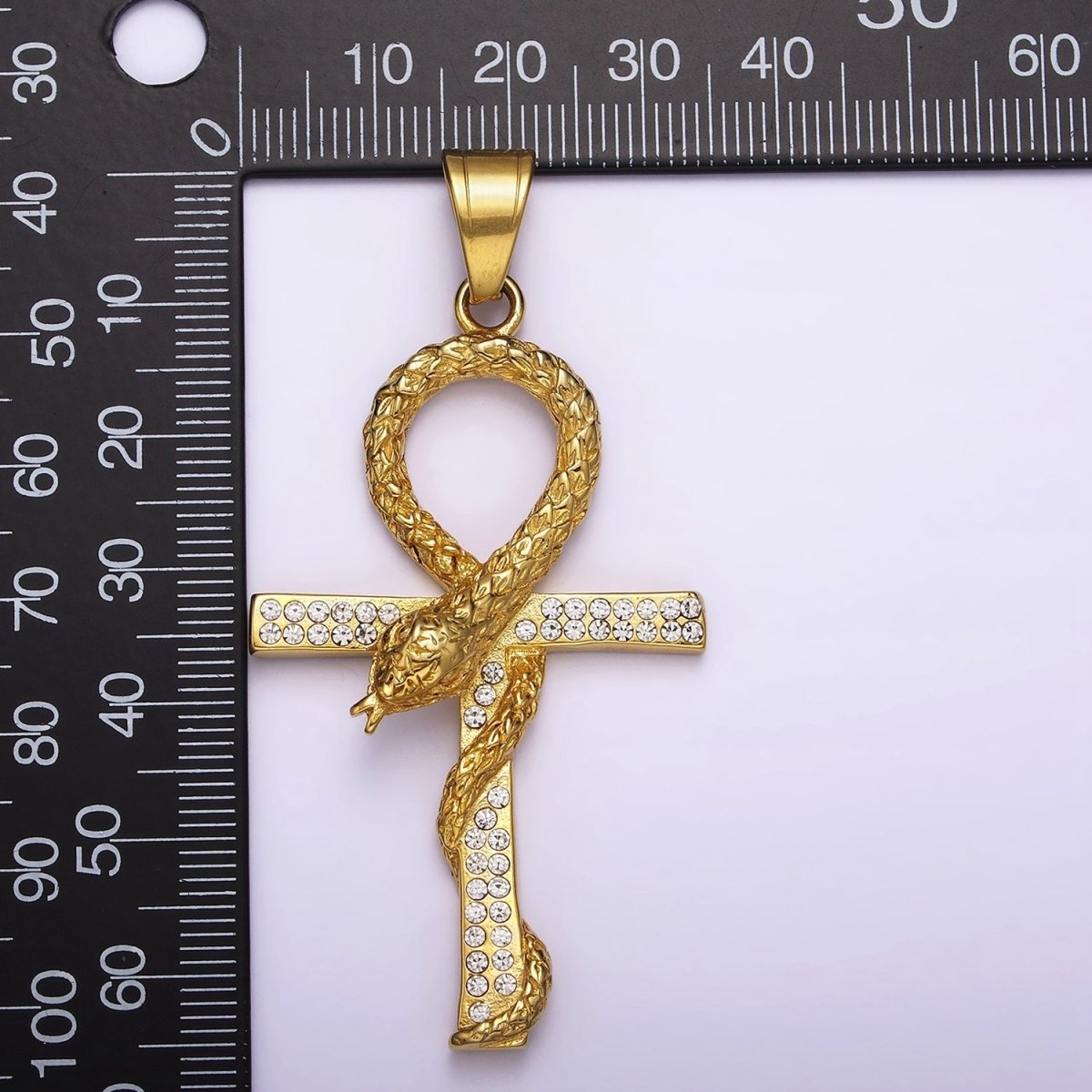 Stainless Steel Scaled Snake Serpent Ankh Egyptian Clear Micro Paved CZ Cross Pendant J-765