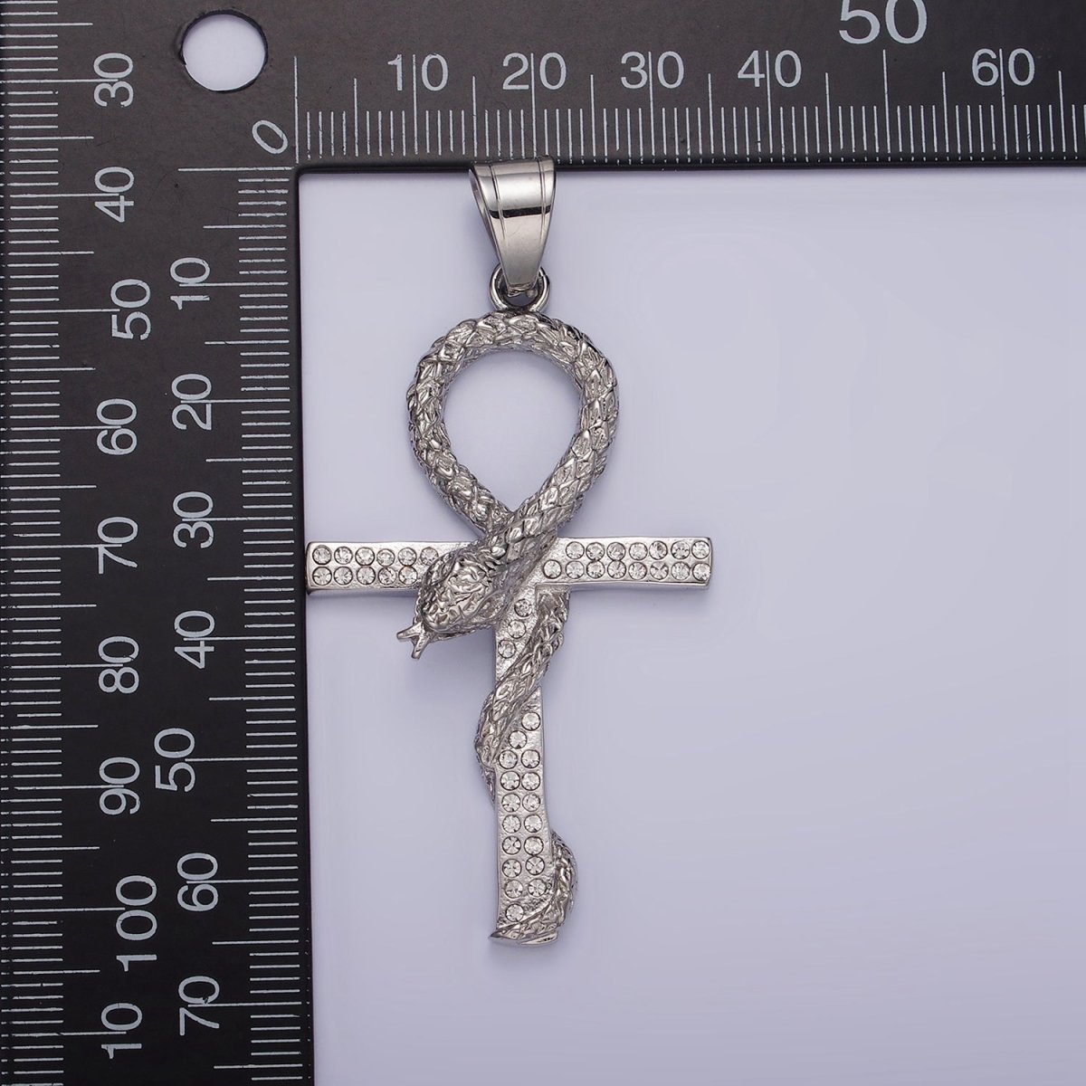 Stainless Steel Scaled Snake Serpent Ankh Egyptian Clear Micro Paved CZ Cross Pendant | P-771