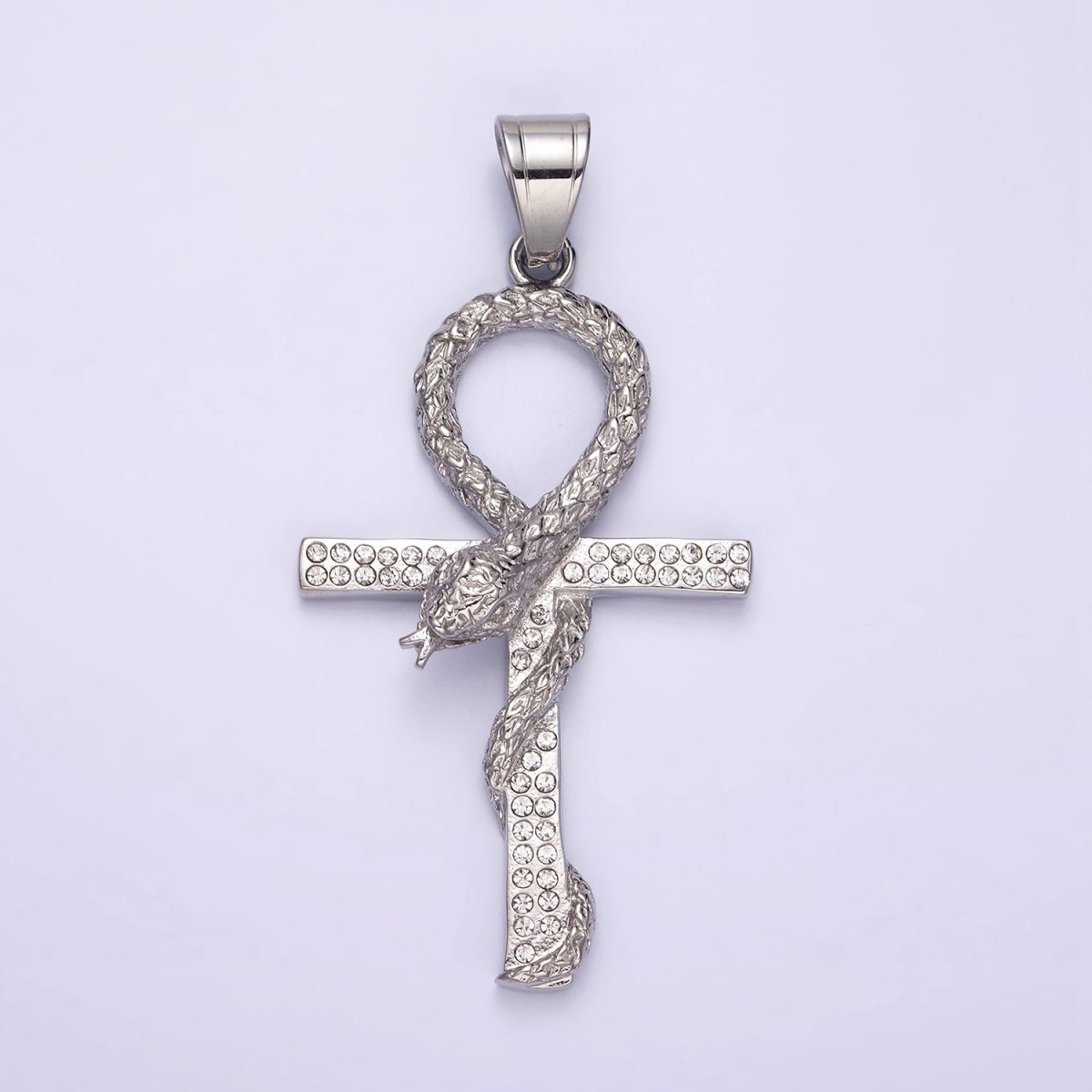 Stainless Steel Scaled Snake Serpent Ankh Egyptian Clear Micro Paved CZ Cross Pendant | P-771