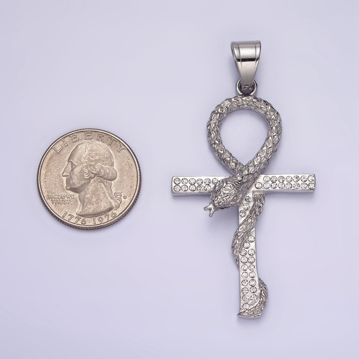 Stainless Steel Scaled Snake Serpent Ankh Egyptian Clear Micro Paved CZ Cross Pendant | P-771