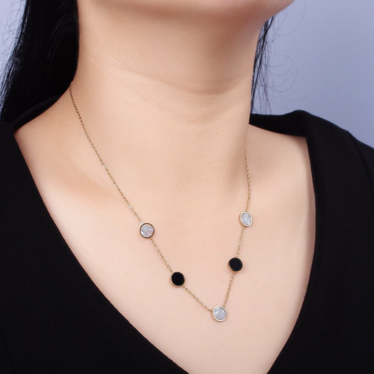 Stainless Steel Shell Pearl Black Round Cable Chain 17 Inch Layering Necklace w. Extender | WA-2032 Clearance Pricing
