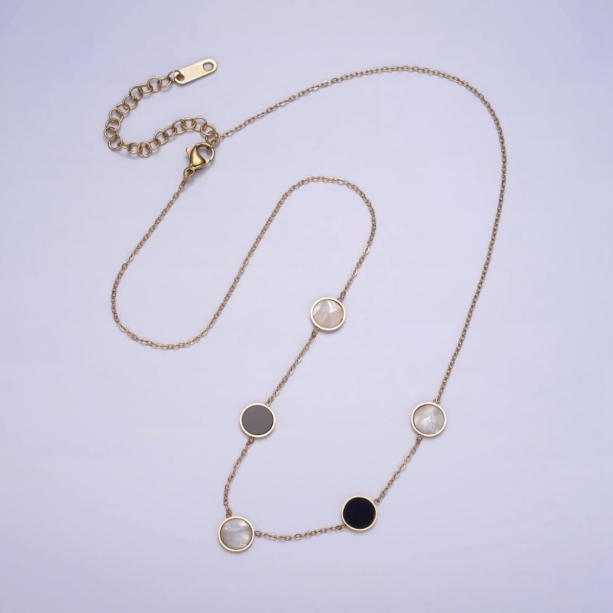 Stainless Steel Shell Pearl Black Round Cable Chain 17 Inch Layering Necklace w. Extender | WA-2032 Clearance Pricing