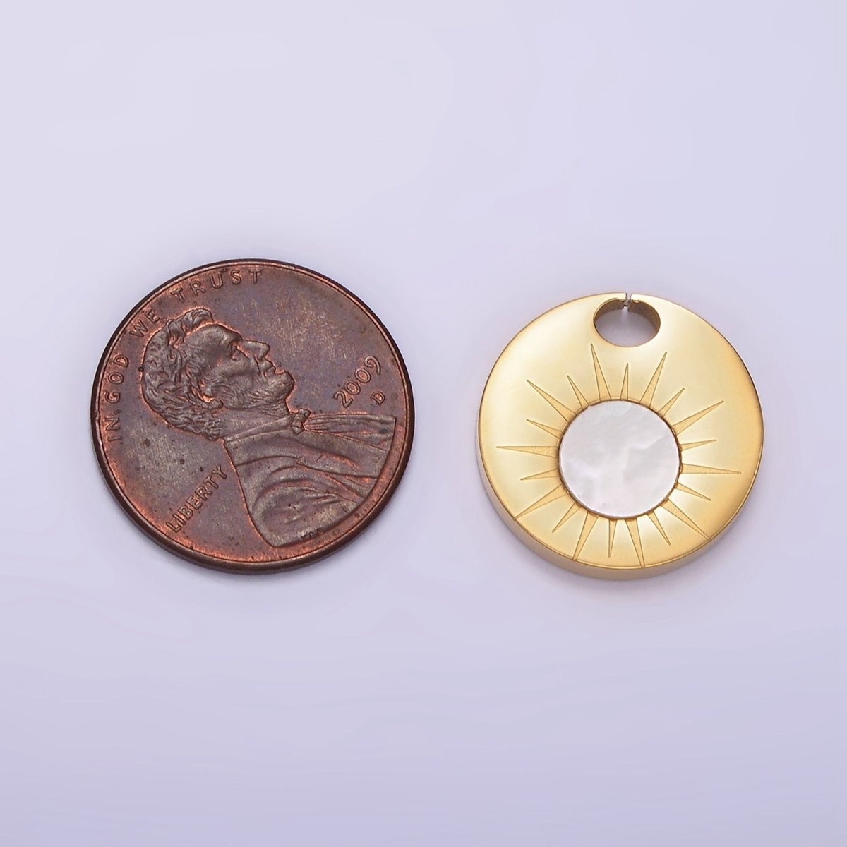 Stainless Steel Shell Pearl Celestial Sun Open Coin Round Charm | P1244