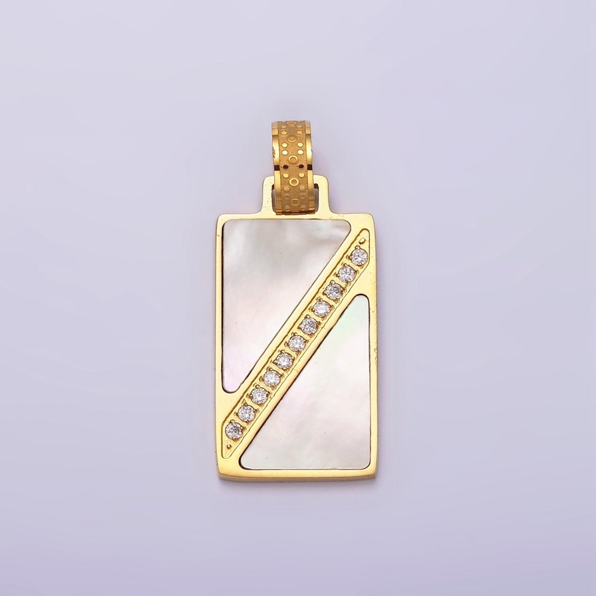 Stainless Steel Shell Pearl Clear Micro Paved CZ Lined Geometric Rectangle Tag Pendant | P-837