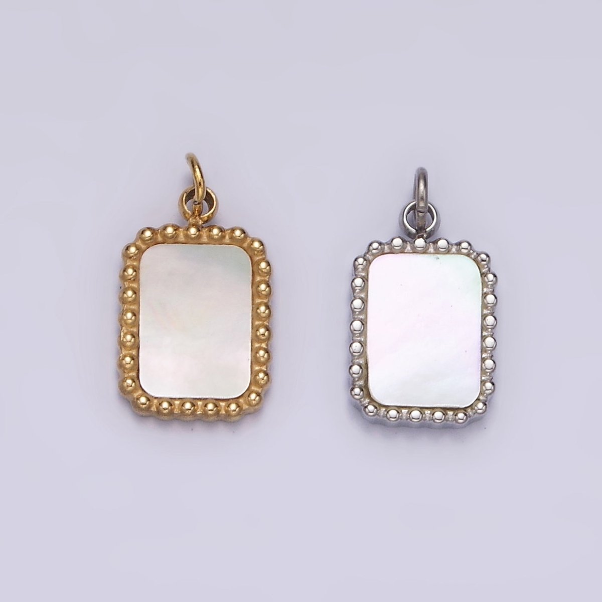 Stainless Steel Shell Pearl Dotted Outline Tag Rectangular Charm in Gold & Silver | P1314