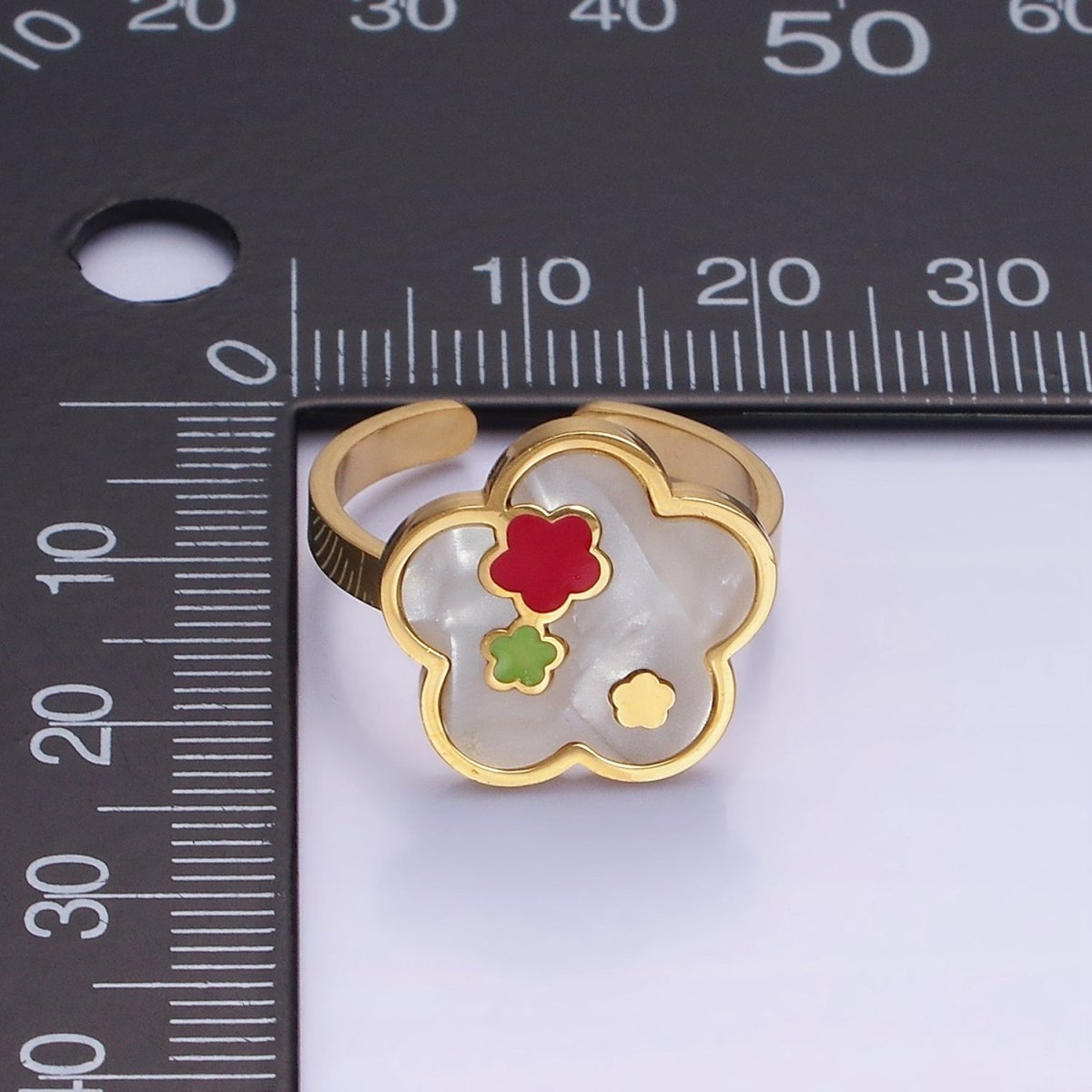 Stainless Steel Shell Pearl Gemstone Flower Bezel Ring | O1289