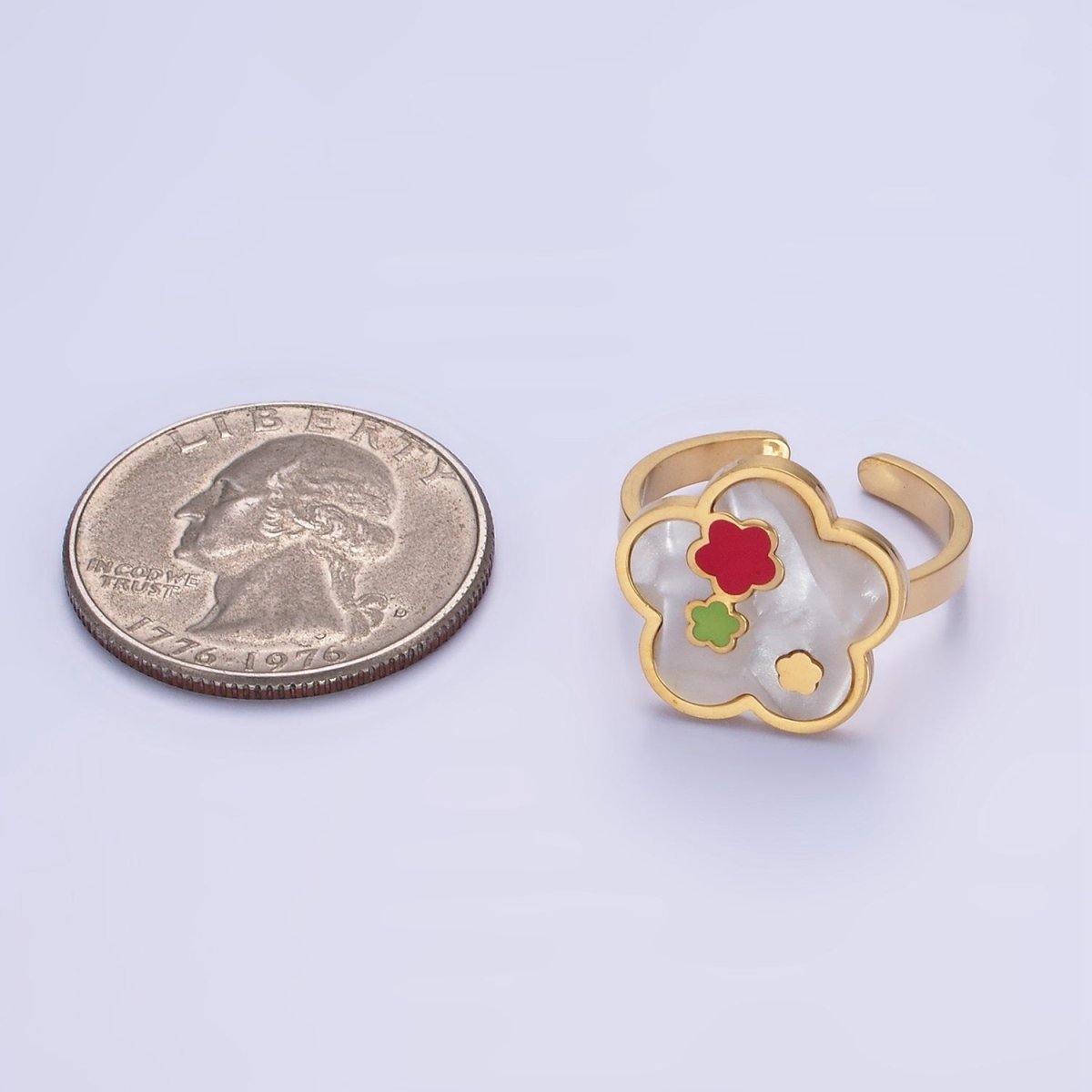 Stainless Steel Shell Pearl Gemstone Flower Bezel Ring | O1289