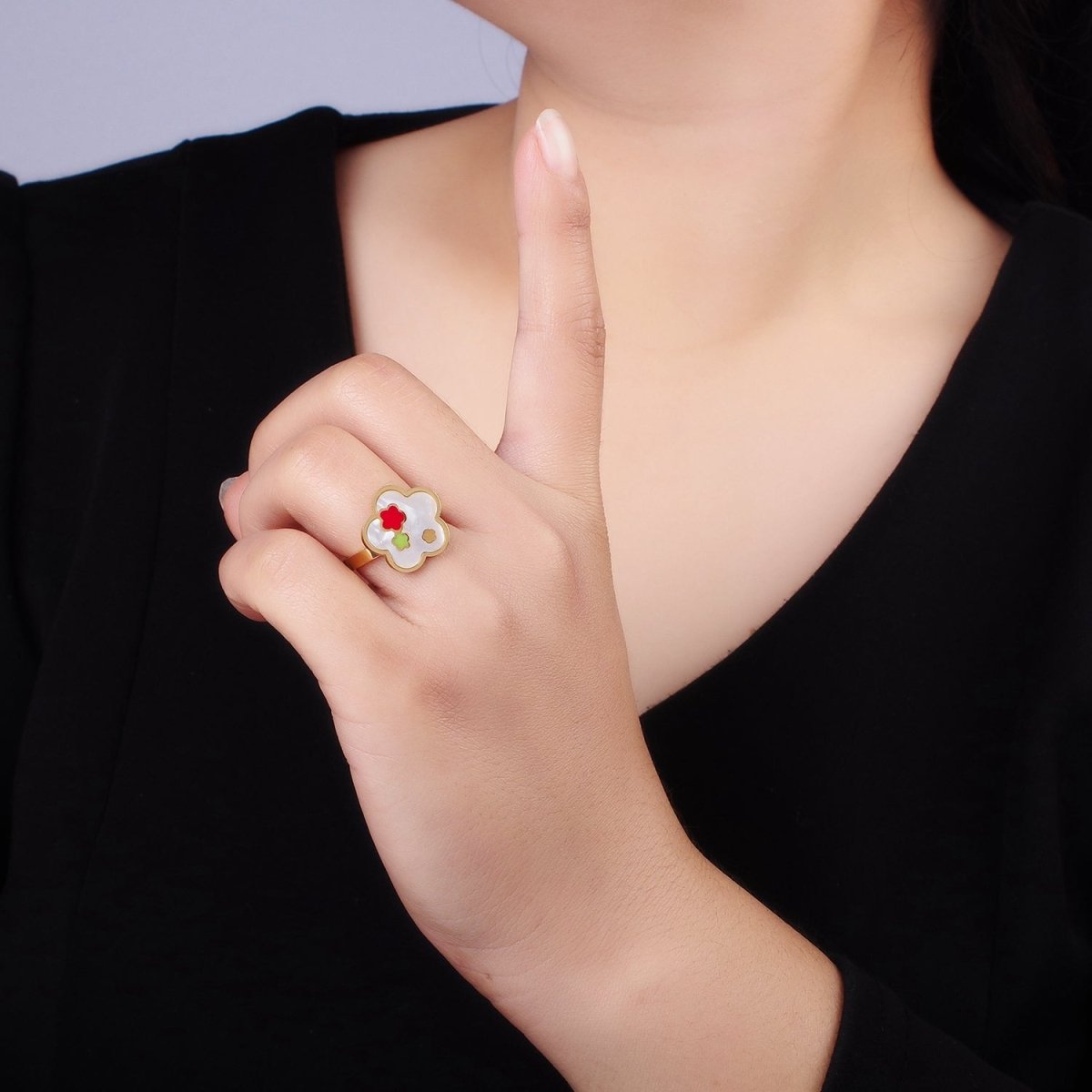 Stainless Steel Shell Pearl Gemstone Flower Bezel Ring | O1289
