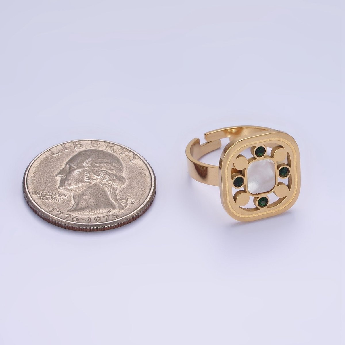 Stainless Steel Shell Pearl Green CZ Open Square Adjustable Ring | O1287