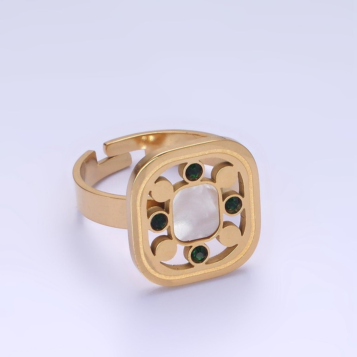 Stainless Steel Shell Pearl Green CZ Open Square Adjustable Ring | O1287