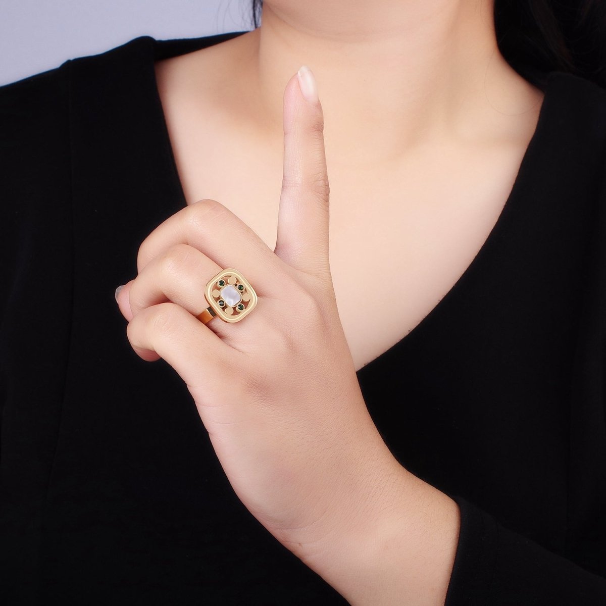 Stainless Steel Shell Pearl Green CZ Open Square Adjustable Ring | O1287