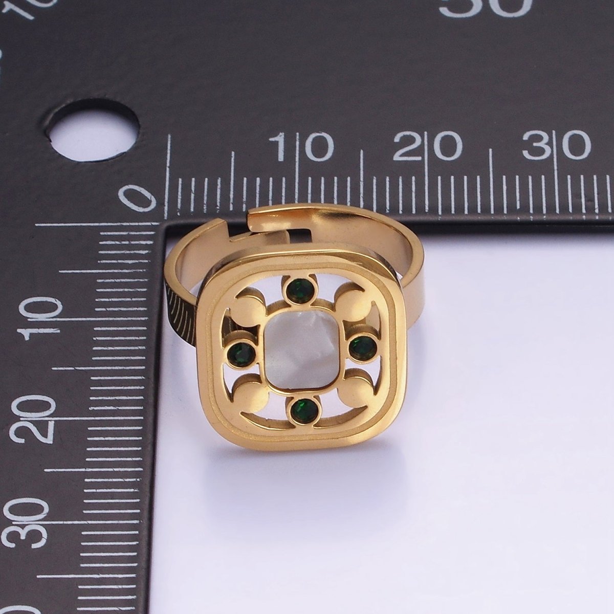 Stainless Steel Shell Pearl Green CZ Open Square Adjustable Ring | O1287