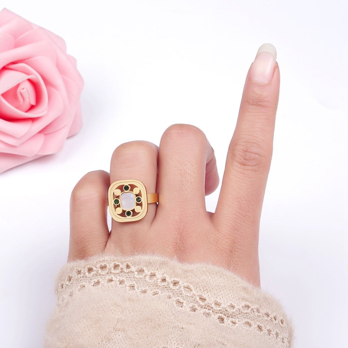 Stainless Steel Shell Pearl Green CZ Open Square Adjustable Ring | O1287
