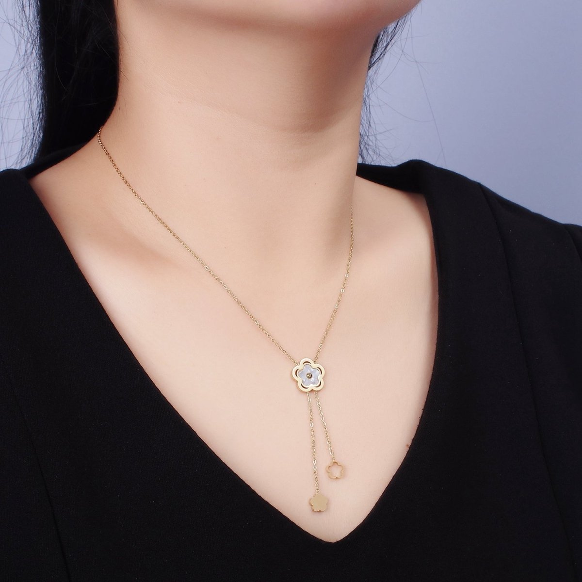 Stainless Steel Shell Pearl Open Flower Double Lariat 17 Inch Chain Necklace | WA-2085 Clearance Pricing