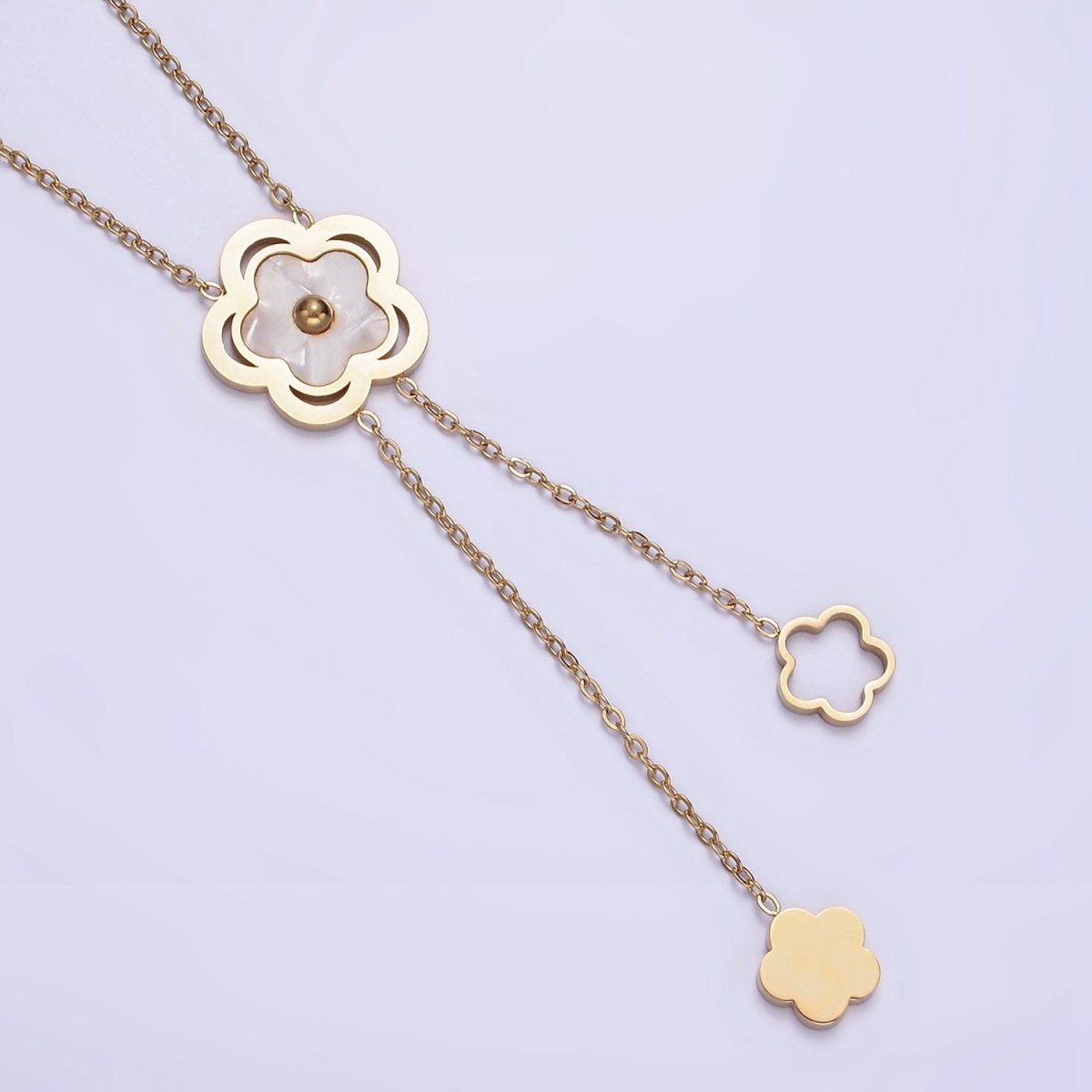 Stainless Steel Shell Pearl Open Flower Double Lariat 17 Inch Chain Necklace | WA-2085 Clearance Pricing