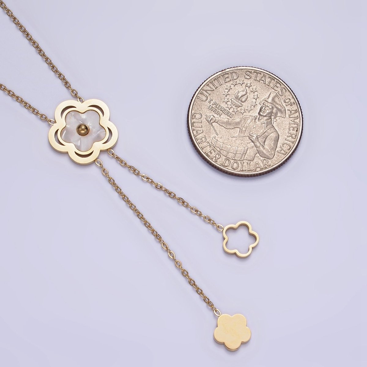 Stainless Steel Shell Pearl Open Flower Double Lariat 17 Inch Chain Necklace | WA-2085 Clearance Pricing