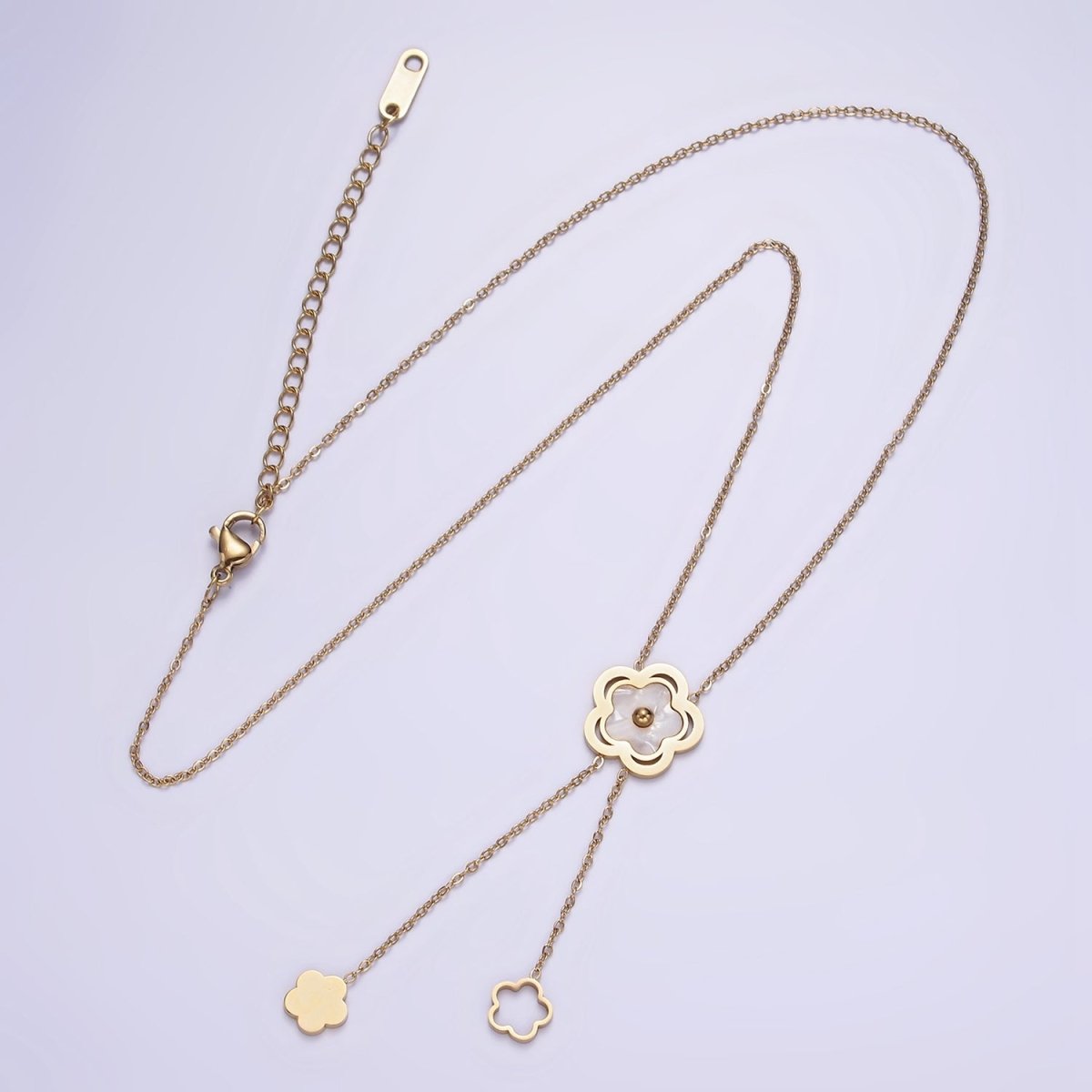 Stainless Steel Shell Pearl Open Flower Double Lariat 17 Inch Chain Necklace | WA-2085 Clearance Pricing