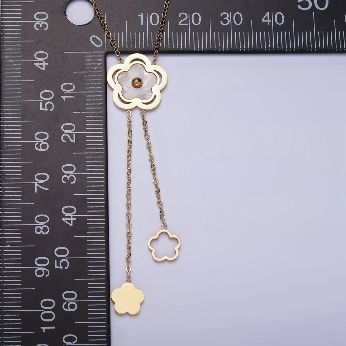 Stainless Steel Shell Pearl Open Flower Double Lariat 17 Inch Chain Necklace | WA-2085 Clearance Pricing