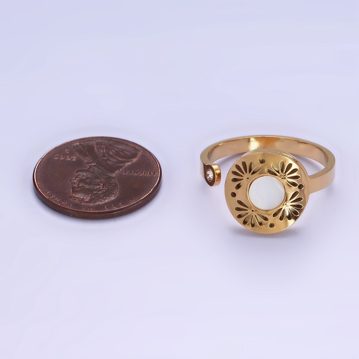 Stainless Steel Shell Pearl Open Flower Petal Filigree Round CZ Wrap Ring | O1297